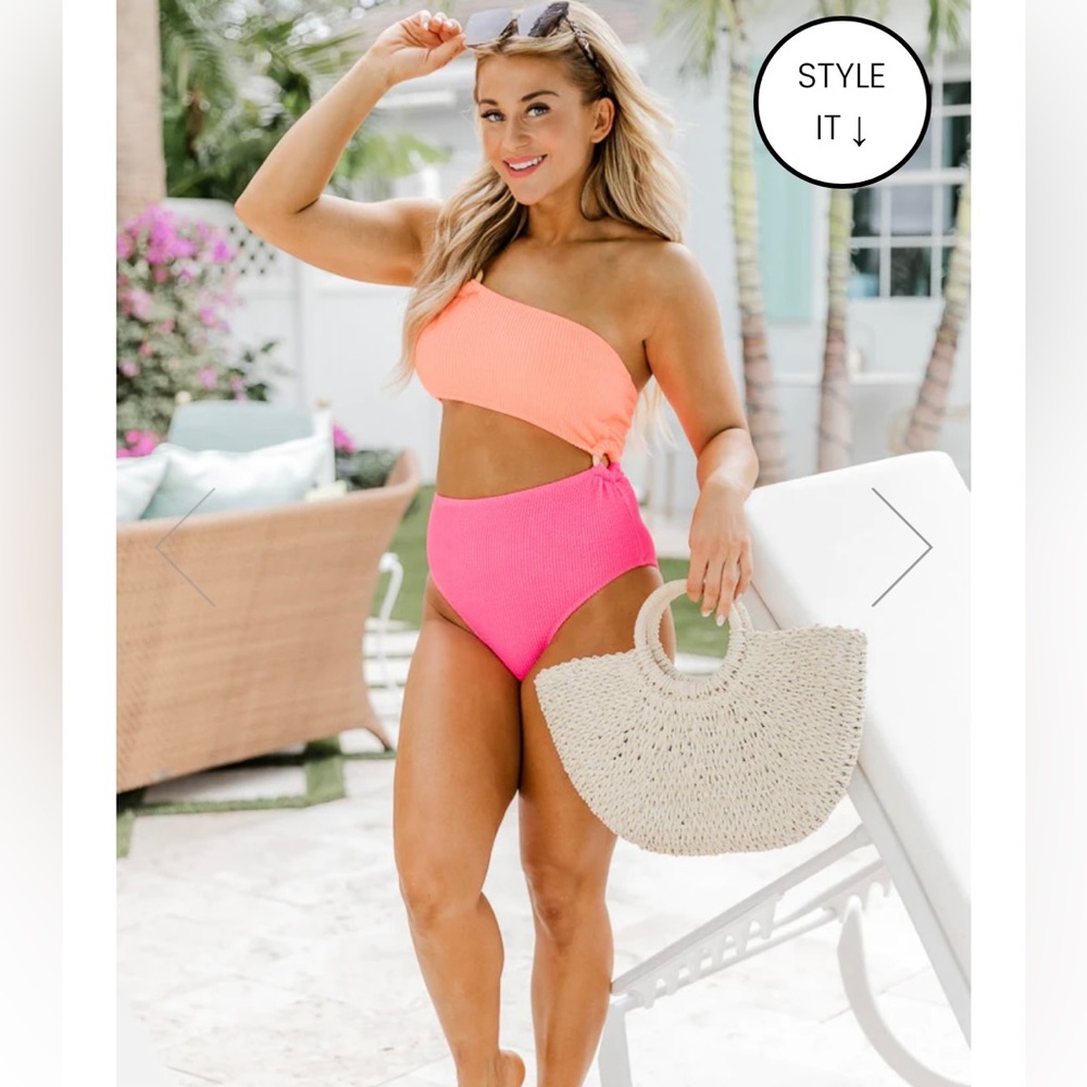 SWEET DAYDREAMS ORANGE AND PINK CUTOUT ONE SHOULDER SWIMSUIT